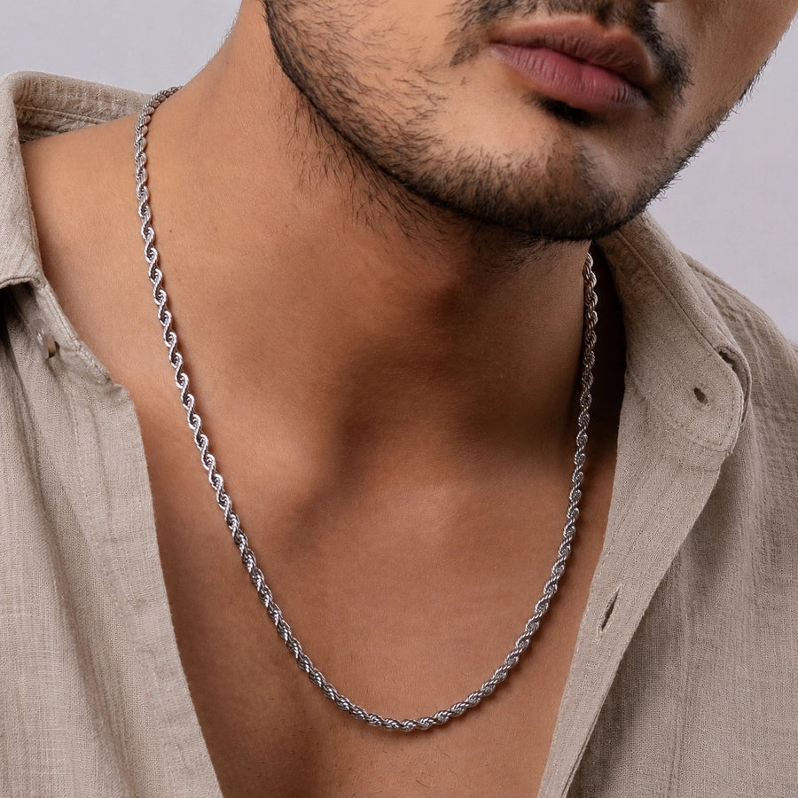 Men Silver-Plated Stainless Steel Rope Chain Necklace